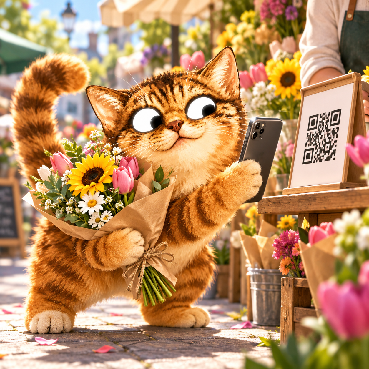Golden cat holding flowers and scanning a QR code with a phone