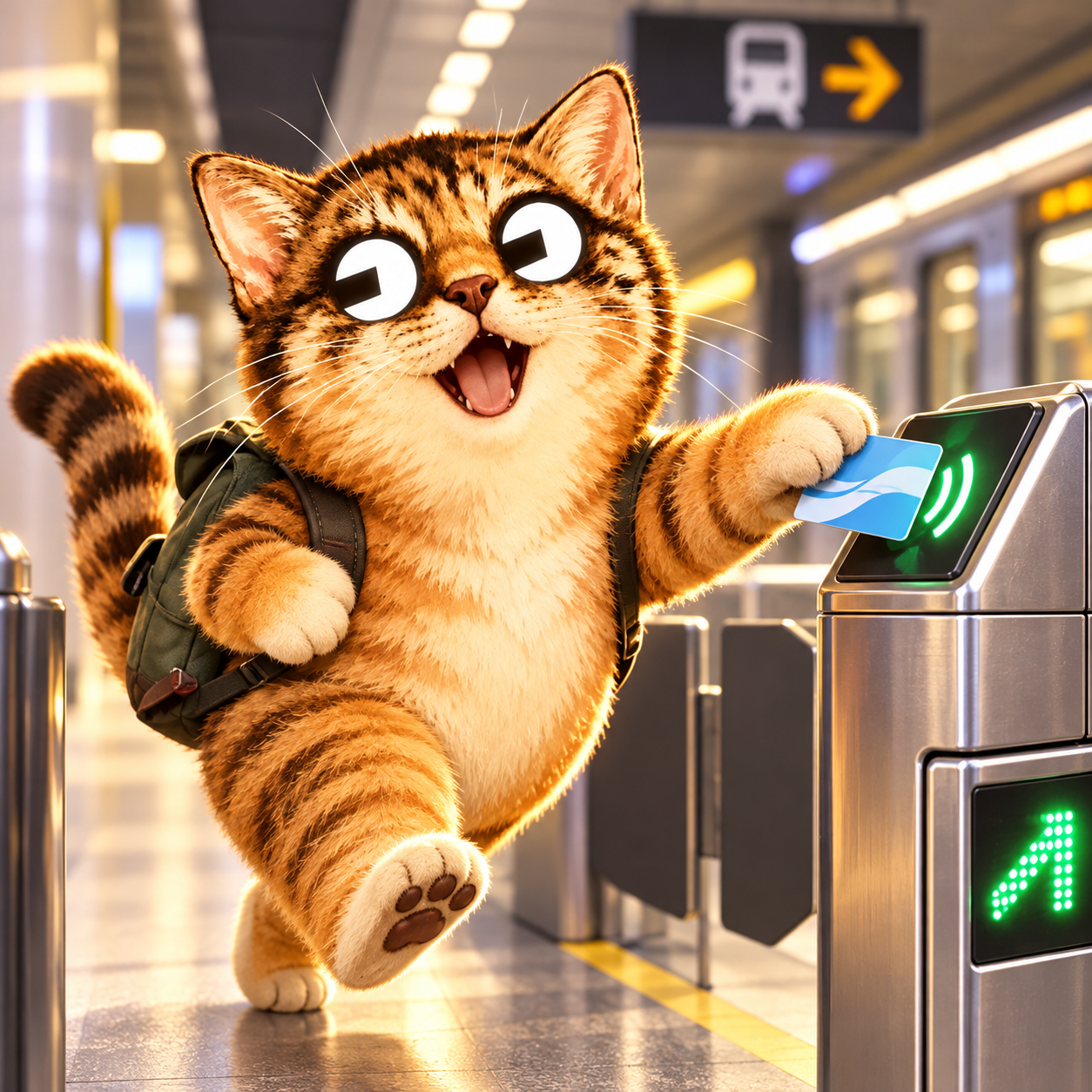 Golden cat tapping a transit card at a station turnstile